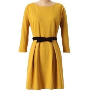 Anthropologie Girls from Savoy Fluted Ponte long sleeve Dress Golden Yellow Belt